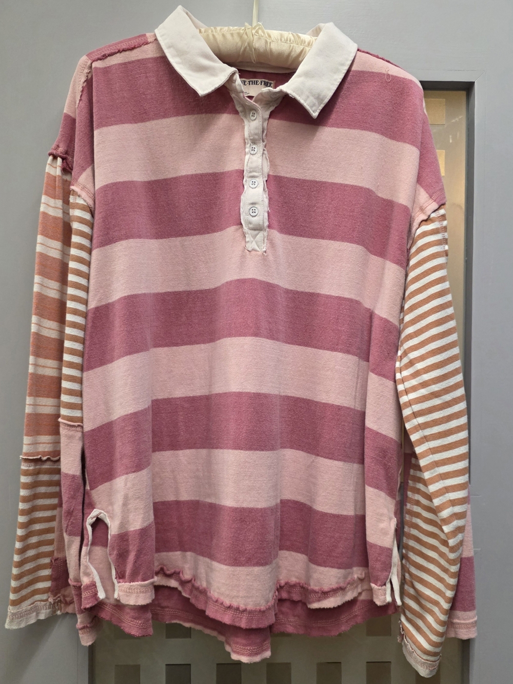 We We The Free Pink Stripe Button-Down Rugby Top with Cream Collar